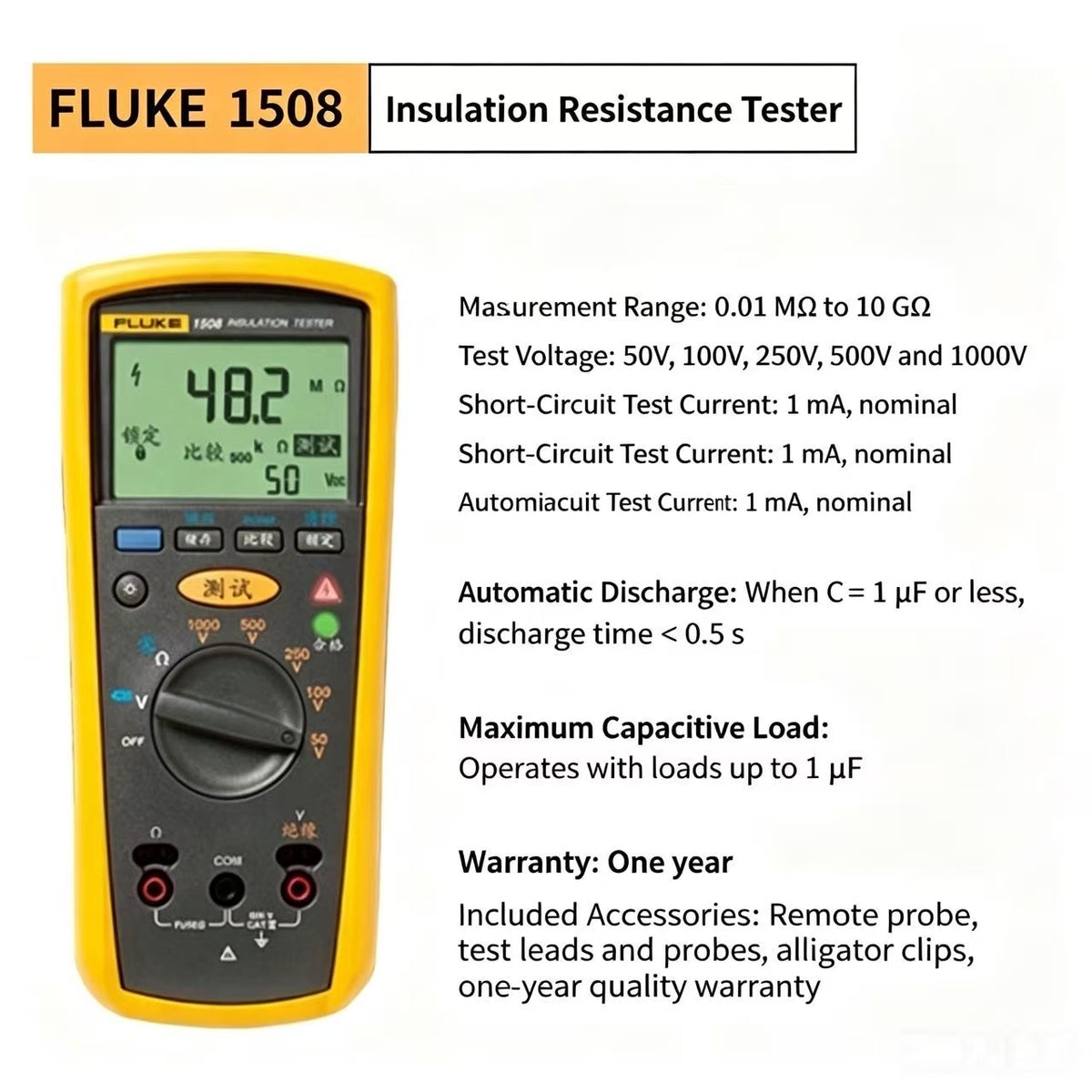 Fluke 1503 1508 Digital Insulation Tester Megohmmeter, Portable Insulation Resistance Meter for Industrial Electrical Maintenance