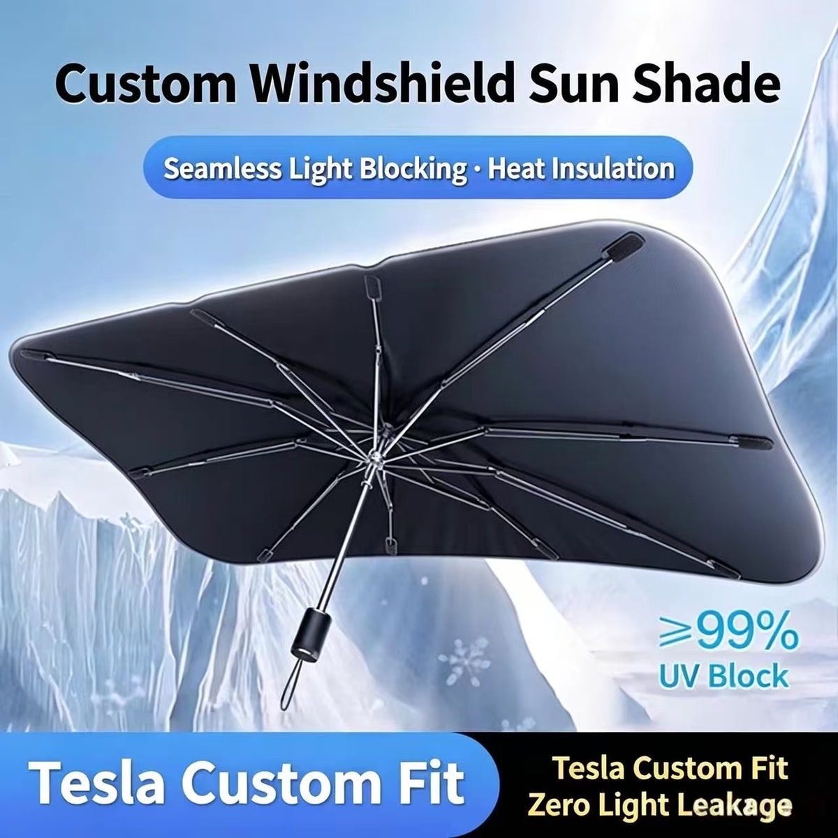 Custom Windshield Sun Shade for Tesla Model 3 & Model Y, Foldable Full Blackout Front Windshield Sunshade, 99% UV Block Heat Insulation Sun Visor, Tesla Interior Parking Accessories