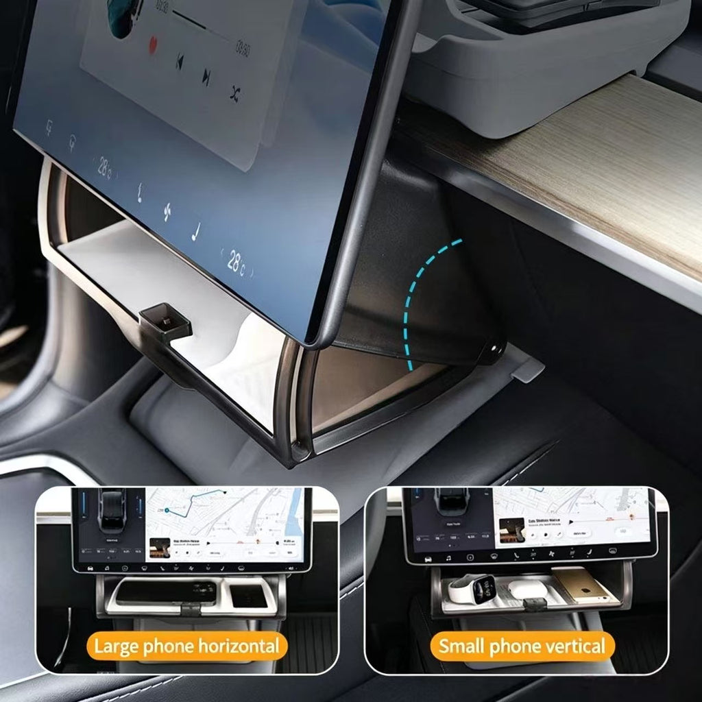 Under‑Screen Hidden Storage Organizer for Tesla Model 3 & Model Y, Damped Soft‑Close Dashboard Center Console Tray, Interior Phone Card Holder Accessories