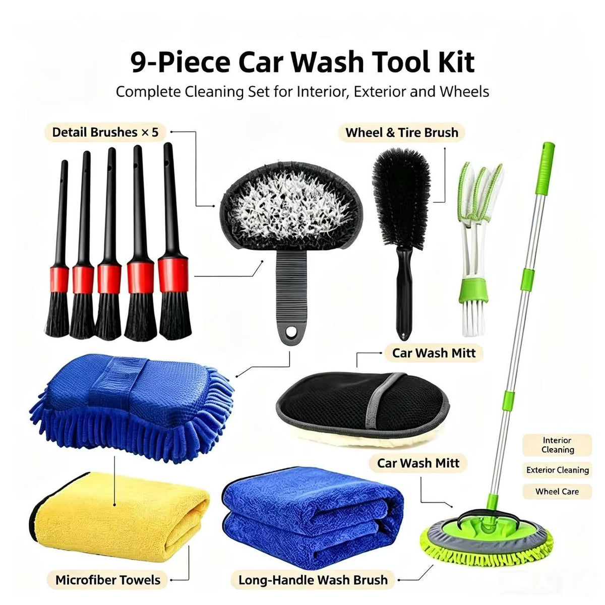 9‑Piece Car Wash Tool Kit | All‑in‑One Auto Cleaning Set for Car Interior Exterior & Wheels