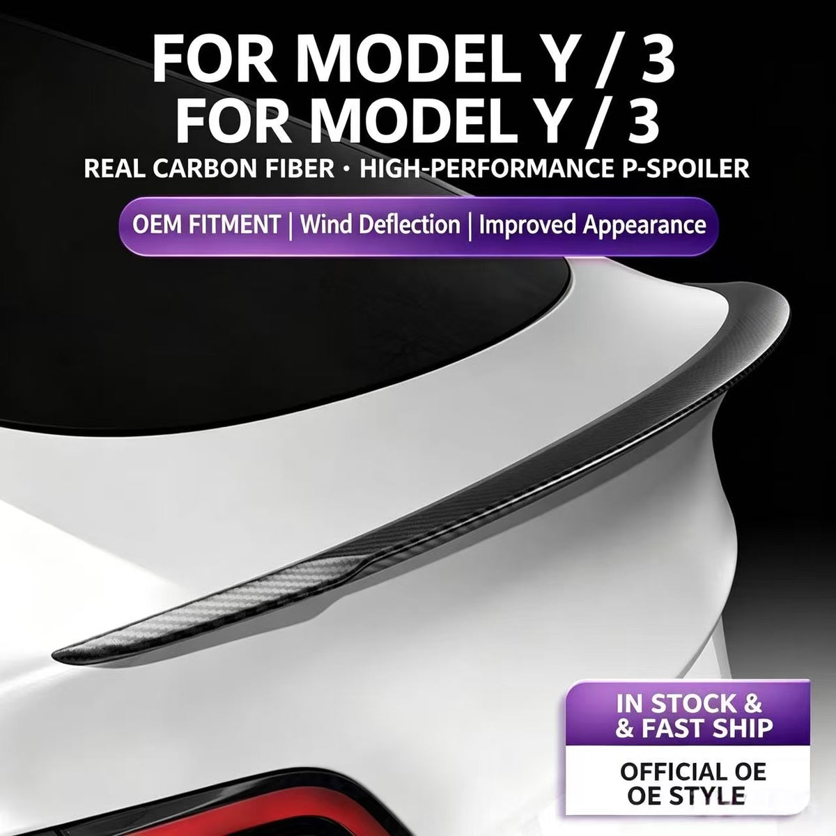 Carbon Fiber Look Rear Spoiler for Tesla Model 3 / Model Y, Performance Style Trunk Wing, OE‑Fit Rear Trunk Spoiler
