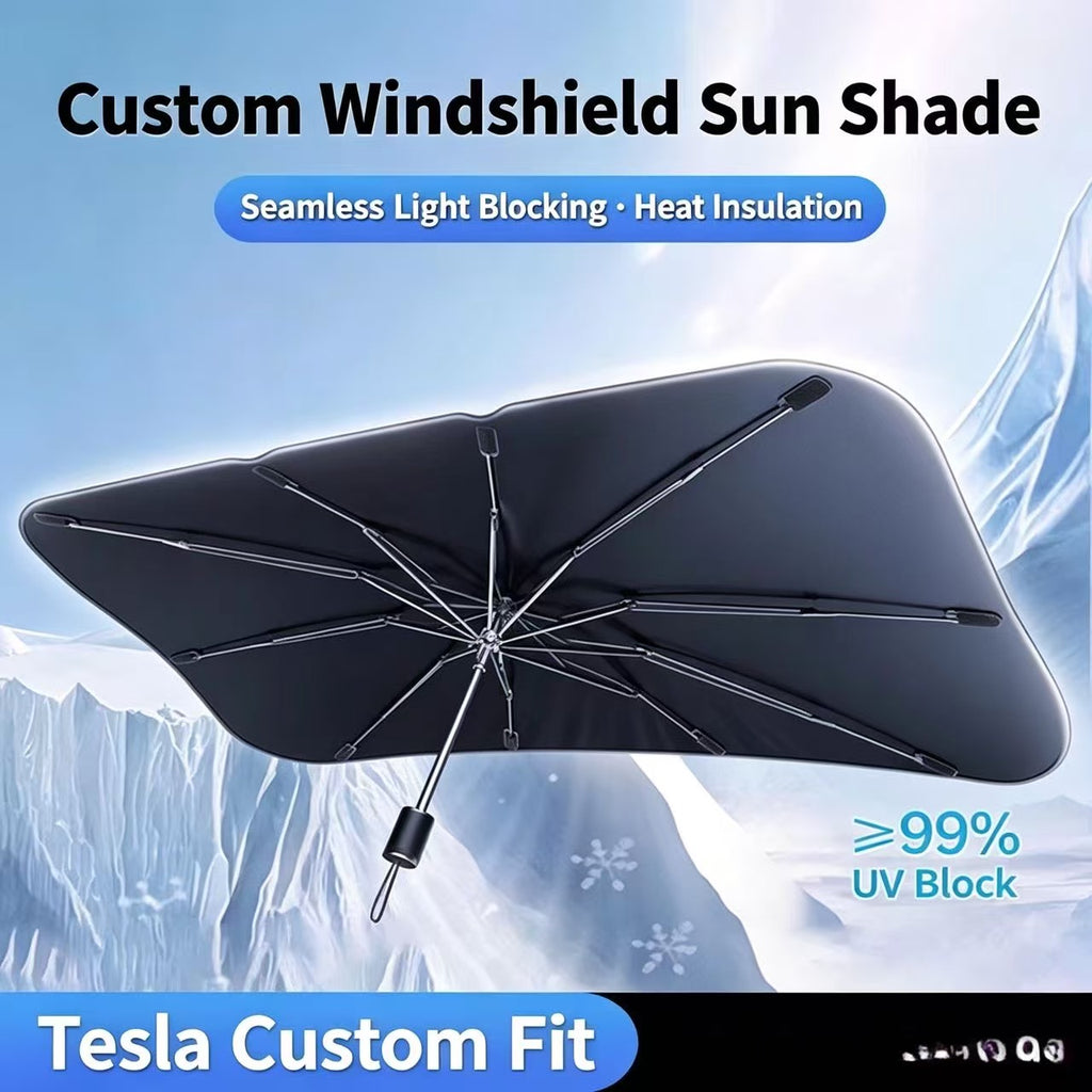 Custom Windshield Sun Shade for Tesla Model 3 & Model Y, Foldable Full Blackout Front Windshield Sunshade, 99% UV Block Heat Insulation Sun Visor, Tesla Interior Parking Accessories